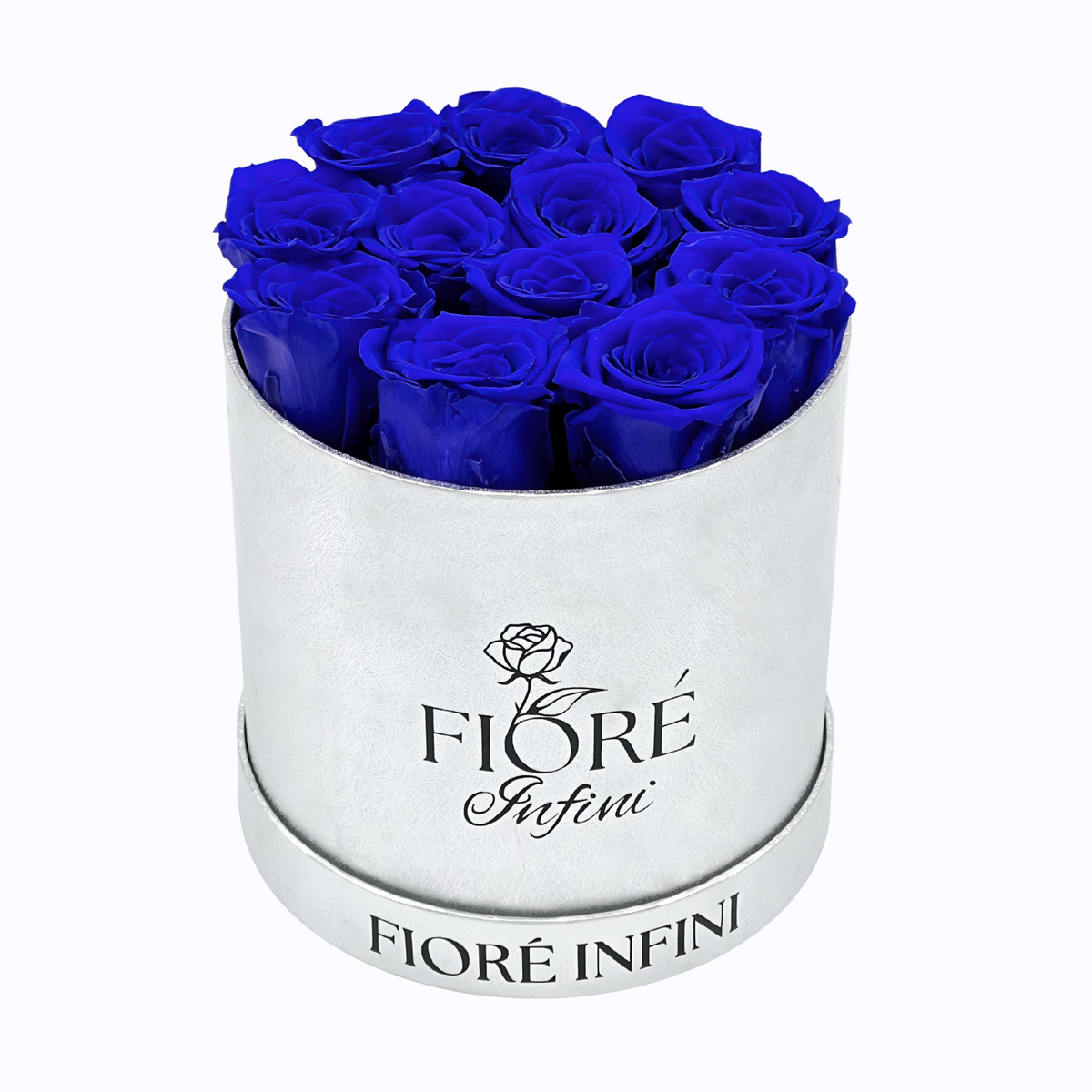 12 blue roses in silver round box