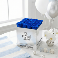 blue roses in silver box for baby shower