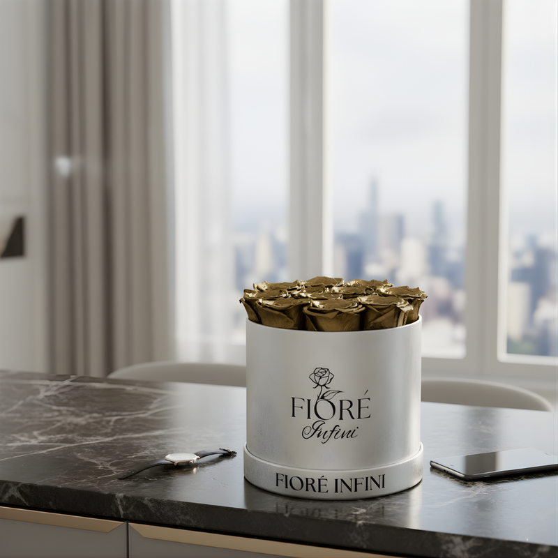 gold roses in a silver box, in a room