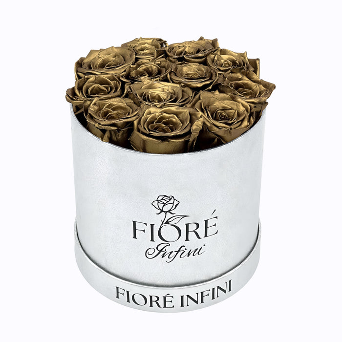 Gold Forever Roses In A Round Silver Box