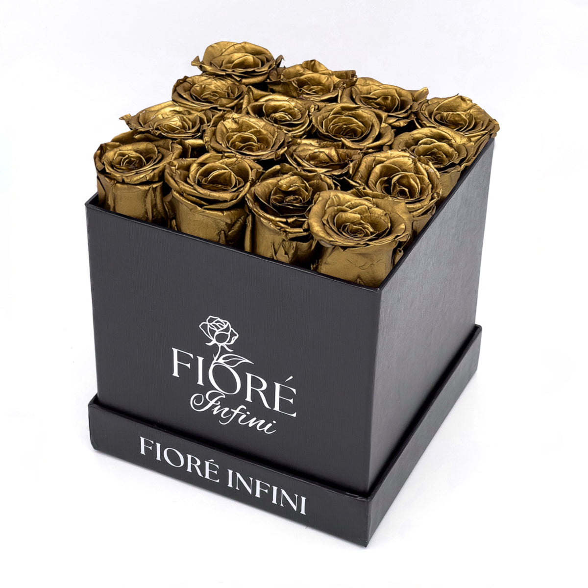 16 gold forever roses in a square black box