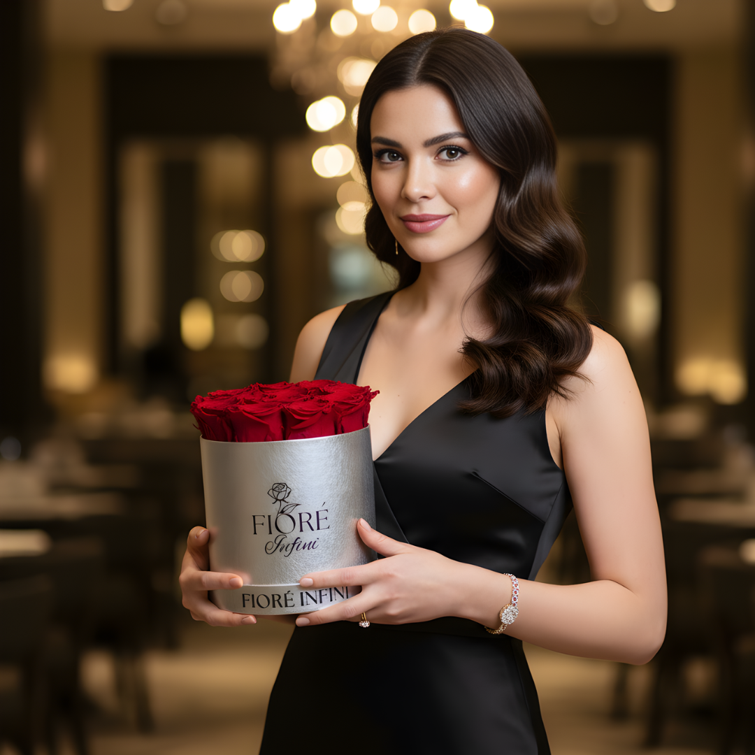 lady holding 12 preserved red rose arrangement