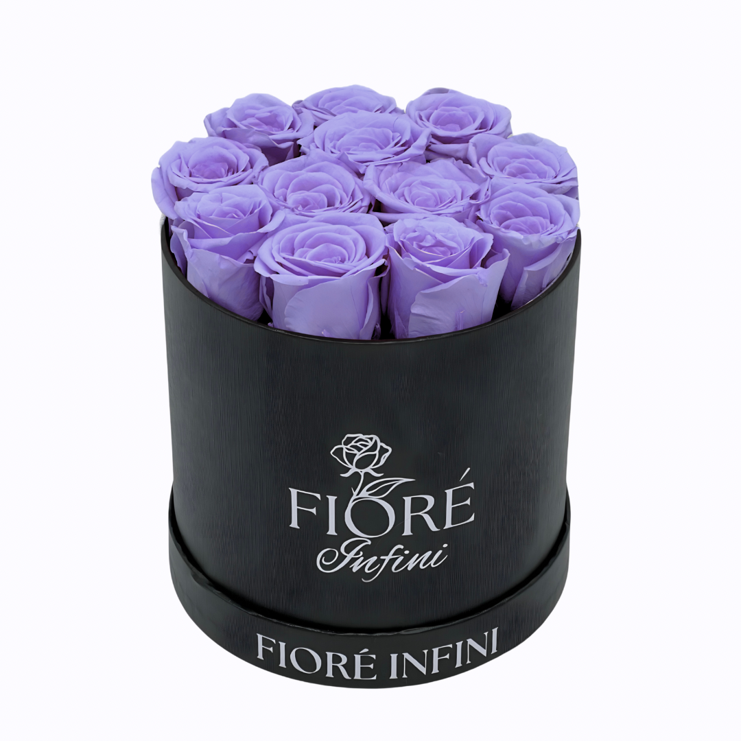 preserved purple roses in a round black box