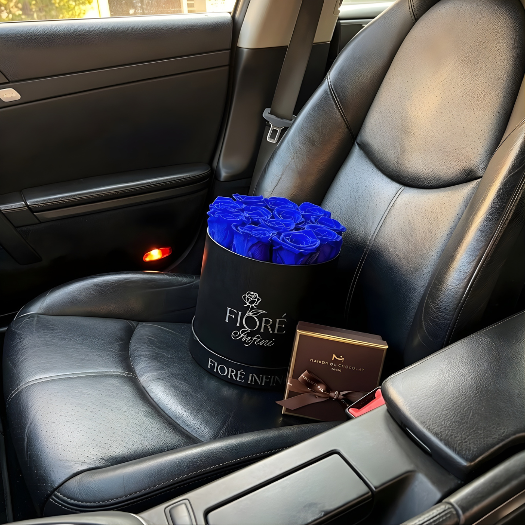 preserved blue roses and luxury chocolates