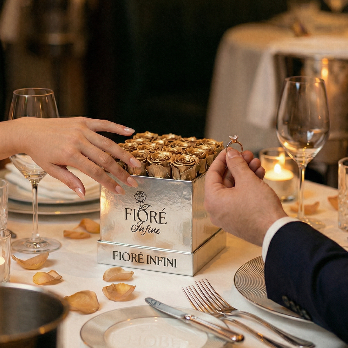 man proposing with gold rose box