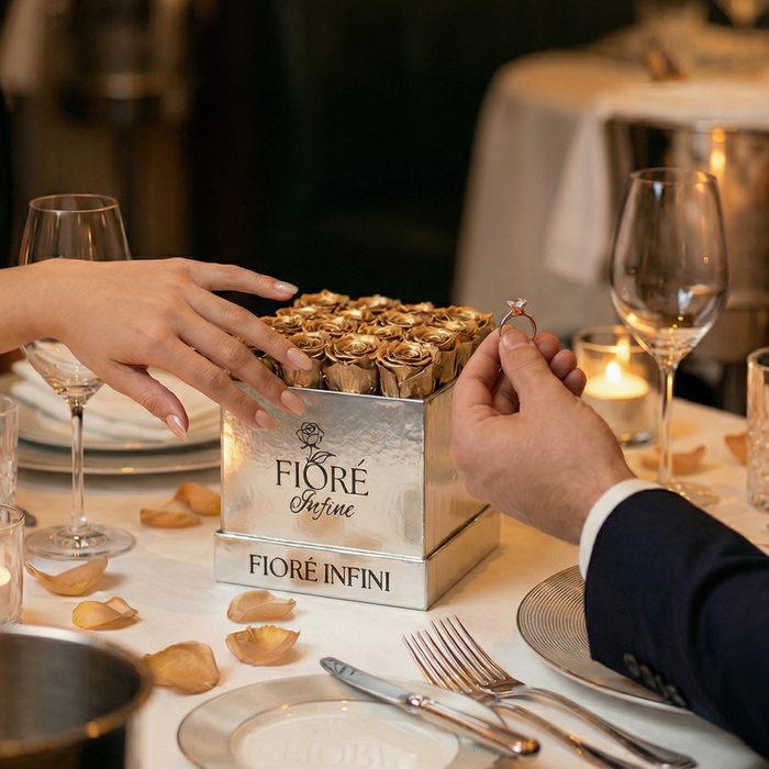 man proposing with gold rose box