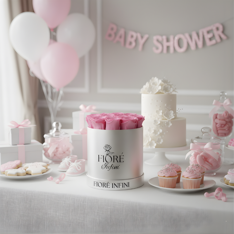 preserved pink roses for a baby shower