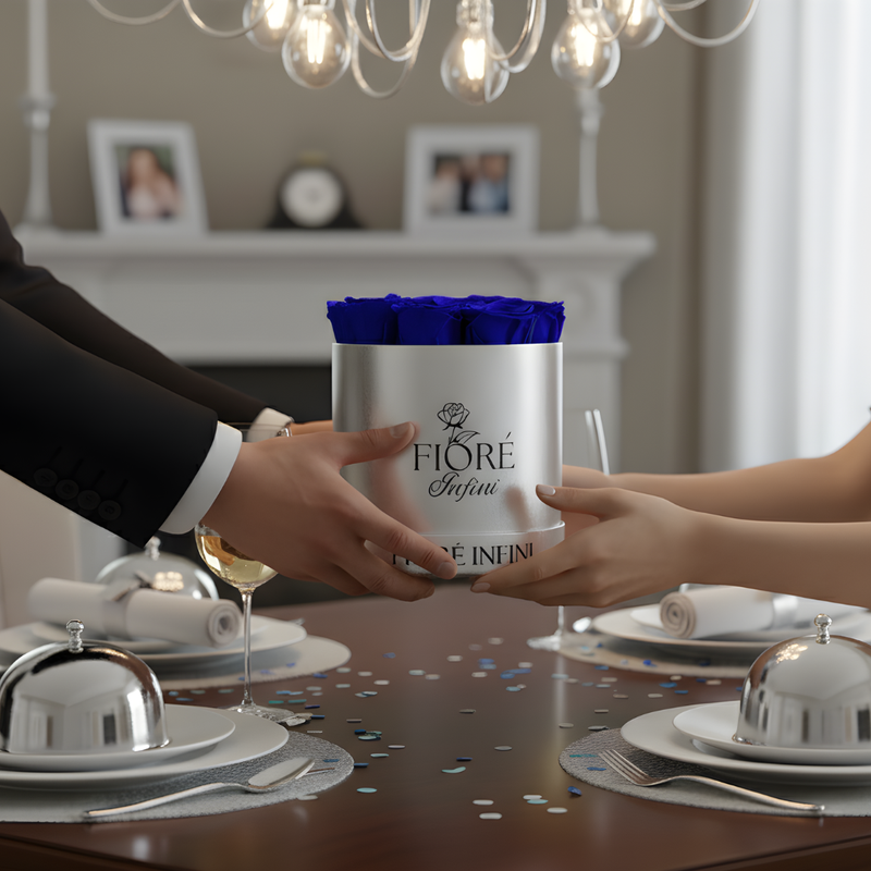 Royal Blue Forever Roses In A Round Silver Box