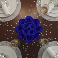 Royal Blue Forever Roses In A Round Silver Box