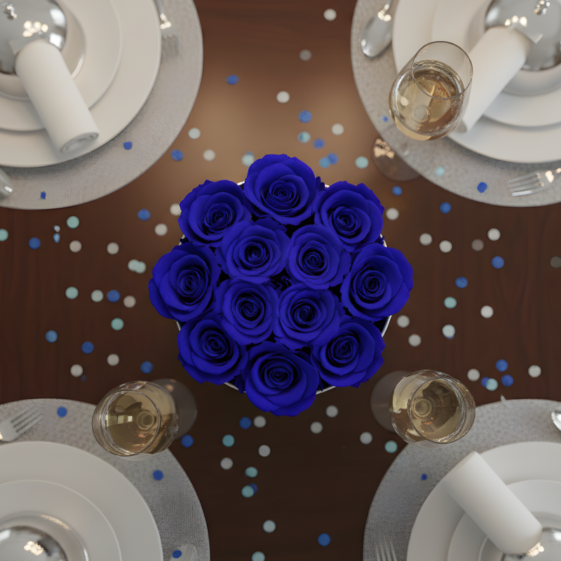 Royal Blue Forever Roses In A Round Silver Box