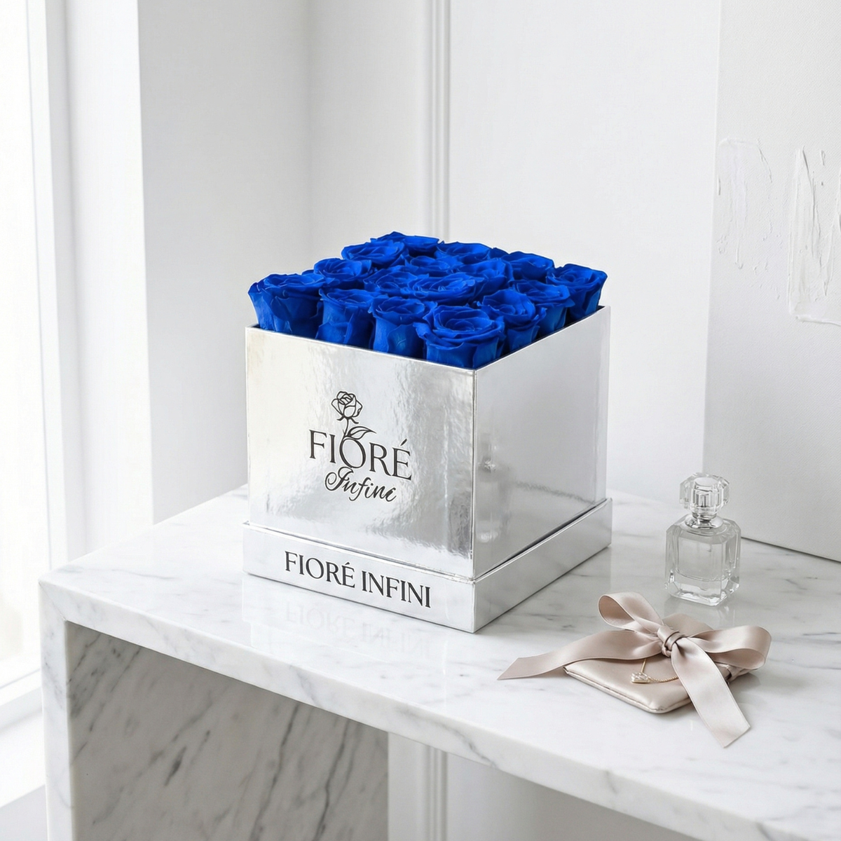 blue preserved rose box