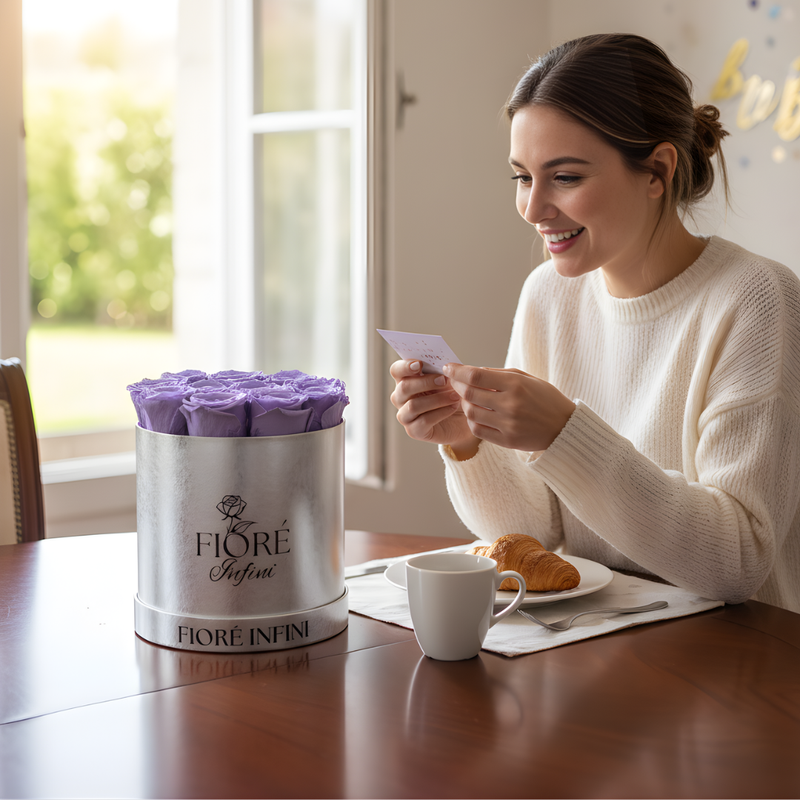 girl got a suprise gift preserved purple roses