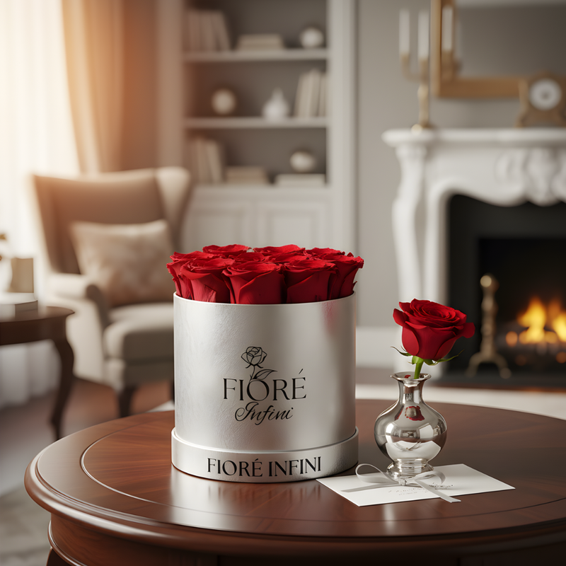 preserved red rose arrangement on a table in a room