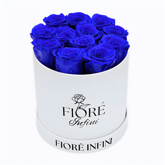 royal blue roses in a white box
